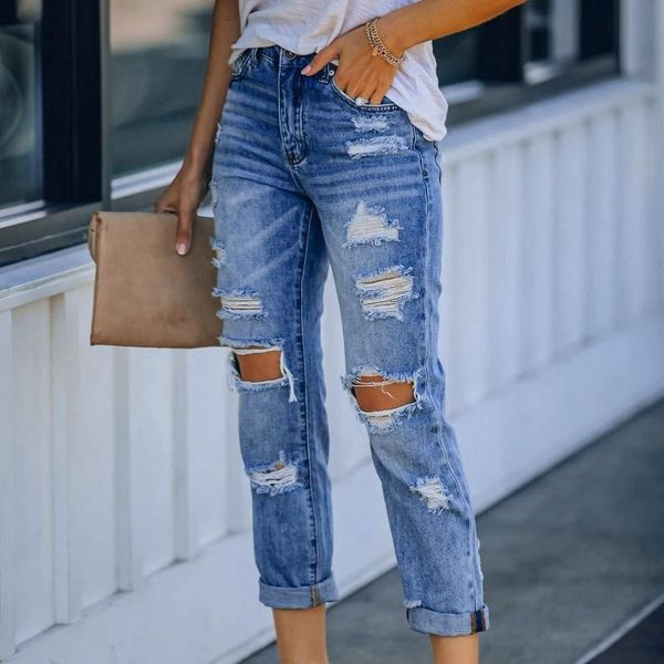 women's jeans ladies streetwear casual straight leg pencial pants high waist fitting ripped holes thin women denim trousers feminino, Blue
women's jeans ladies streetwear casual straight leg pencial pants high waist fitting ripped holes thin women denim trousers feminino, Blue