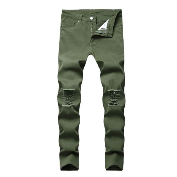 men's jeans slim straight leg multi-hole red army green motorcycle beggar trousers, Blue
men's jeans slim straight leg multi-hole red army green motorcycle beggar trousers, Blue