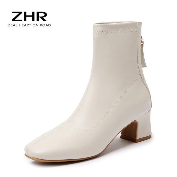 boots 2021 fashion ankle chunky zip high heels women autumn booties square toe pump, Black