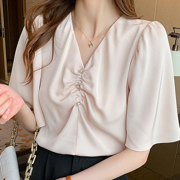 women's blouses & shirts blusas femme short sleeve blouse women mujer de moda 2021 beading v-neck chiffon shirt e881, White
women's blouses & shirts blusas femme short sleeve blouse women mujer de moda 2021 beading v-neck chiffon shirt e881, White