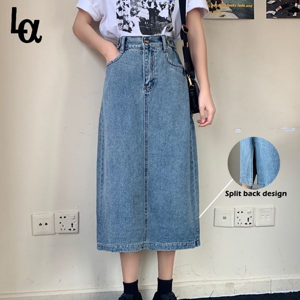 luck a retro long midi denim skirts women high waist button pockets split jeans straight skirts plus size autumn spring bottoms 210305, Black 
luck a retro long midi denim skirts women high waist button pockets split jeans straight skirts plus size autumn spring bottoms 210305, Black
