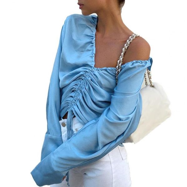 women's blouses & shirts women shirt trendy satin long sleeve blue loose blouse ruched drawstring v-neck turn-down collar sexy, White
women's blouses & shirts women shirt trendy satin long sleeve blue loose blouse ruched drawstring v-neck turn-down collar sexy, White