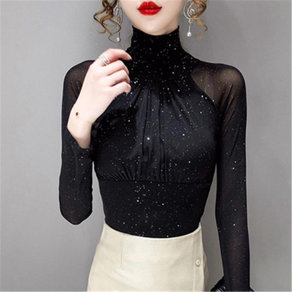 women's t-shirt korean fashion women mesh high neck black bottoming t shirt casual bright silk lady blusa, White
women's t-shirt korean fashion women mesh high neck black bottoming t shirt casual bright silk lady blusa, White