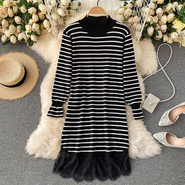 y retro stripe knitted dress women korean fashion casual loose long sleeve dress autumn design splice lace ruffles dress, White;black
y retro stripe knitted dress women korean fashion casual loose long sleeve dress autumn design splice lace ruffles dress, White;black