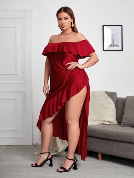 plus off shoulder ruffle trim split thigh dress o1bi#, Black
plus off shoulder ruffle trim split thigh dress o1bi#, Black