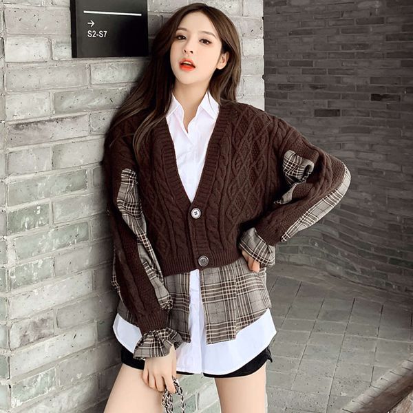 two knitted women's autumn winter 2020 new fashion temperament sweater plaid stitching cardigan coat women, White;black
two knitted women's autumn winter 2020 new fashion temperament sweater plaid stitching cardigan coat women, White;black