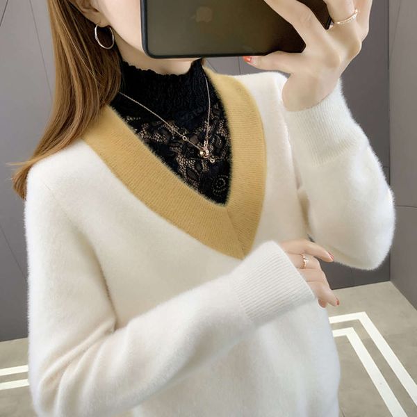fake two pieces of lace stitched sweater women's loose mink cashmere 2021 new foreign style knitted bottom coat autumn and winter, White;black
fake two pieces of lace stitched sweater women's loose mink cashmere 2021 new foreign style knitted bottom coat autumn and winter, White;black