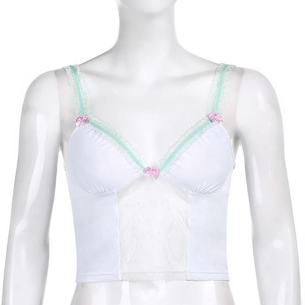 y2k aesthetic mesh patchwork crop for women summer streetwear e girl 90s casual outfits tank party clubwear, White