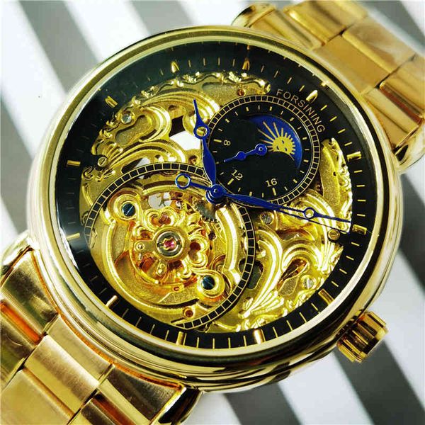mechanical forsining business watches automatic gentlemen clock golden moon phase steel tape brand relogio masculino, Slivery;brown 
mechanical forsining business watches automatic gentlemen clock golden moon phase steel tape brand relogio masculino, Slivery;brown