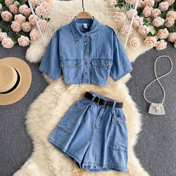 women's tracksuits fabpop 2021 short sleeve turn down collar denim high waist wide leg shorts with belt two piece set outfits gb958, Gray
women's tracksuits fabpop 2021 short sleeve turn down collar denim high waist wide leg shorts with belt two piece set outfits gb958, Gray