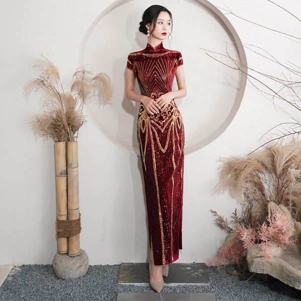 ethnic clothing oversize velour sequin flower cheongsam women slim velvet qipao elegant evening party dress short sleeve vestidos, Red
ethnic clothing oversize velour sequin flower cheongsam women slim velvet qipao elegant evening party dress short sleeve vestidos, Red