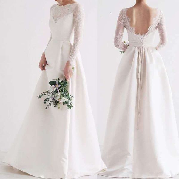 2021 new vintage scoop long sleeves lace satin a-line sweep train backless bridal wedding gowns pvis, White
2021 new vintage scoop long sleeves lace satin a-line sweep train backless bridal wedding gowns pvis, White