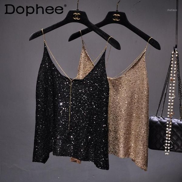 sequined vest for women summer v-neck sling metal chain pendant beauty back outerwear bottoming croped female women's tanks &, White
sequined vest for women summer v-neck sling metal chain pendant beauty back outerwear bottoming croped female women's tanks &, White