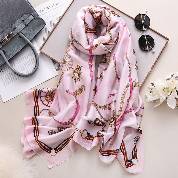 scarves 2021 winter women silk scarf chain print muffler lady flower shawl stoles pashmina beach wraps hijab, Blue;gray 
scarves 2021 winter women silk scarf chain print muffler lady flower shawl stoles pashmina beach wraps hijab, Blue;gray