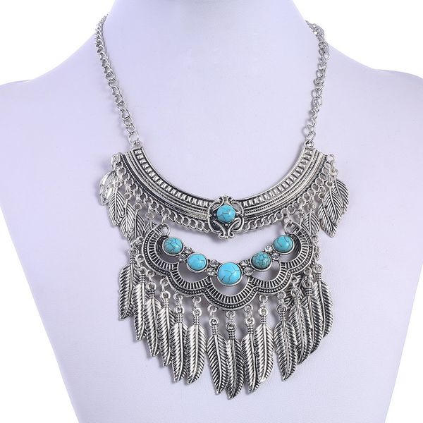 fashion collier femme jewelry vintage maxi statement necklaces leaves tassel blue stone beads bohemian necklace women, Silver 
fashion collier femme jewelry vintage maxi statement necklaces leaves tassel blue stone beads bohemian necklace women, Silver