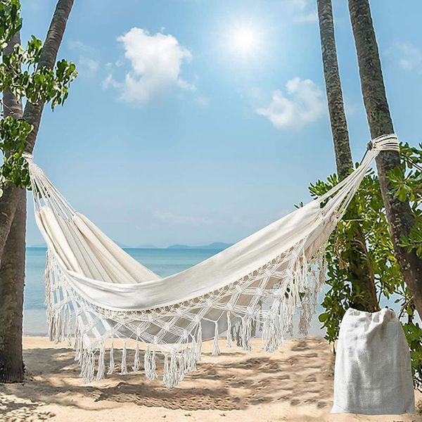 camp furniture double sized boho macrame white hammock with elegant tassels and fishtail knitting 485lbs includes tie ropes
camp furniture double sized boho macrame white hammock with elegant tassels and fishtail knitting 485lbs includes tie ropes