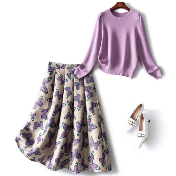 2021 autumn winter long sleeve round neck purple solid color knitted knits tees + butterfly print peplum mid-calf skirt two piece suits 2 pi, White
2021 autumn winter long sleeve round neck purple solid color knitted knits tees + butterfly print peplum mid-calf skirt two piece suits 2 pi, White