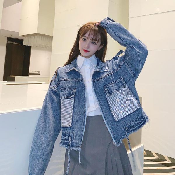 women's jackets 2021 spring rhinestone big pocket drawstring loose denim jacket, Black;brown
women's jackets 2021 spring rhinestone big pocket drawstring loose denim jacket, Black;brown
