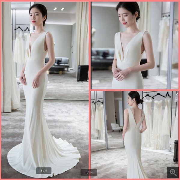 robe de mariage 2021 mermaid ivory satin wedding dress v neckline sleeveless court train simple wedding gowns open back bride dress, White
robe de mariage 2021 mermaid ivory satin wedding dress v neckline sleeveless court train simple wedding gowns open back bride dress, White