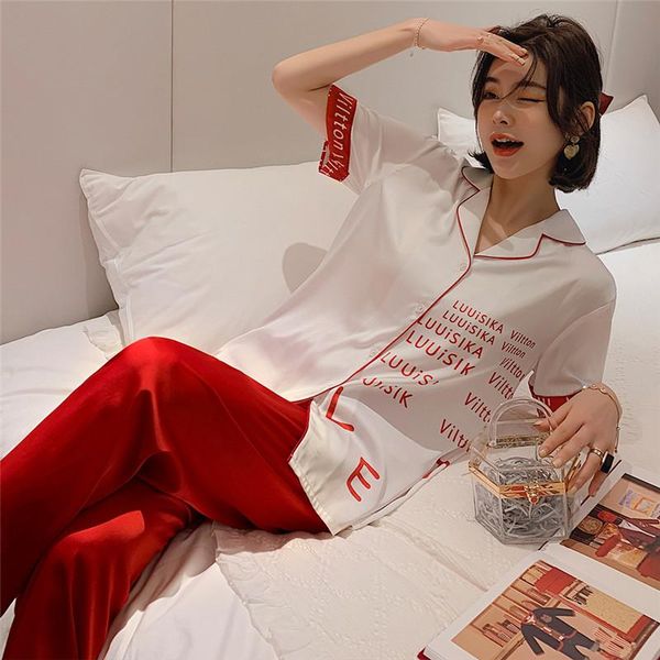 women's sleepwear fashion pajamas ice silk trousers short sleeve home wear sets cardigan, Black;red
women's sleepwear fashion pajamas ice silk trousers short sleeve home wear sets cardigan, Black;red