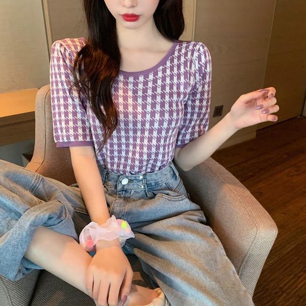 women's t-shirt ice silk french style square collar puff sleeve thin short-sleeved outerwear sweater houndstooth taro purple bm, White
women's t-shirt ice silk french style square collar puff sleeve thin short-sleeved outerwear sweater houndstooth taro purple bm, White