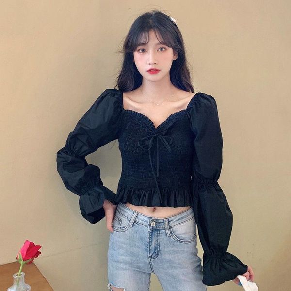 women's blouses & shirts early spring bubble sleeve ruffle square collar bandage waist short shirt 2021 korean long fashion, White 
women's blouses & shirts early spring bubble sleeve ruffle square collar bandage waist short shirt 2021 korean long fashion, White
