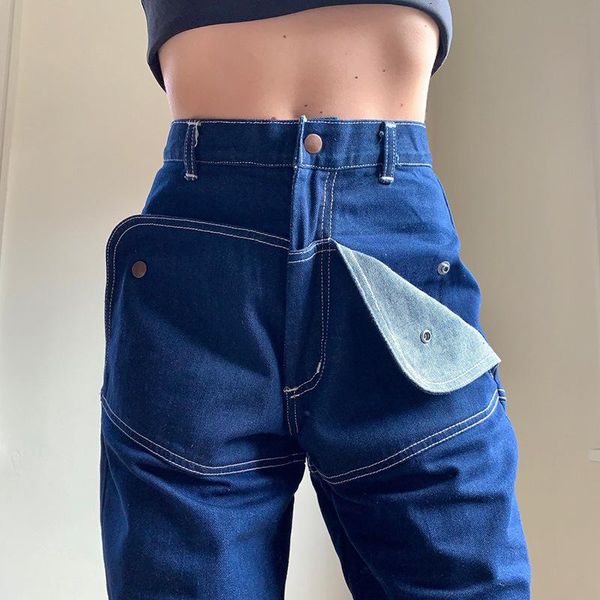 women's jeans street fashion contrast colors open-line high waist straight pants women unique pocket design patchwork indie denim, Blue
women's jeans street fashion contrast colors open-line high waist straight pants women unique pocket design patchwork indie denim, Blue