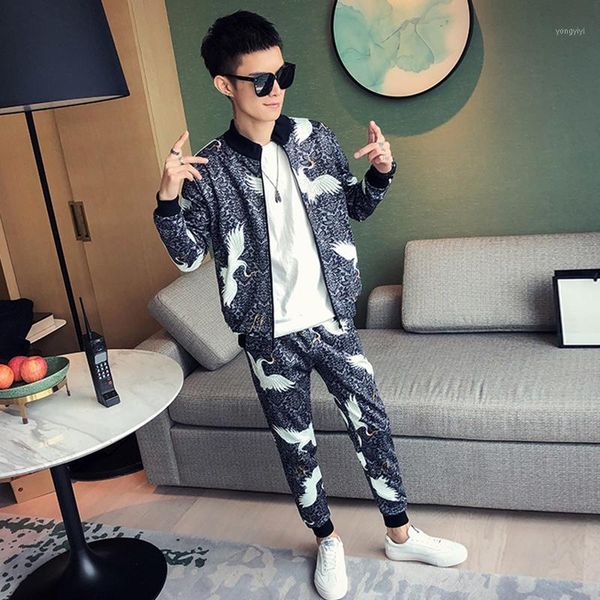 running sets korean style casual printed 2 piece sport suit jacket + pant chandal hombre tracksuit men moda ropa de sets1, Black;blue 
running sets korean style casual printed 2 piece sport suit jacket + pant chandal hombre tracksuit men moda ropa de sets1, Black;blue