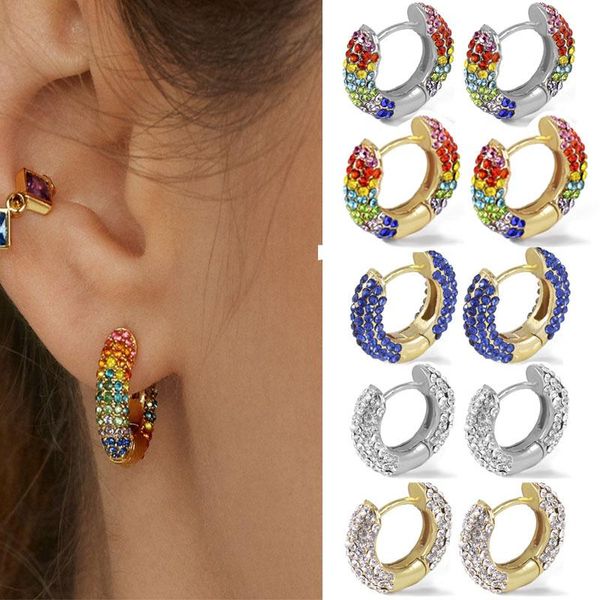hoop & huggie 13x10mm 1 pair rainbow zircon rhinestone crystal copper earrings for women diy geometric round small circle, Golden;silver