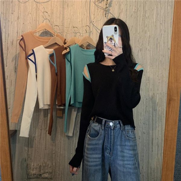 women's blouses & shirts autumn strapless design long-sleeved sweater hollow contrast color bottoming shirt, White
women's blouses & shirts autumn strapless design long-sleeved sweater hollow contrast color bottoming shirt, White