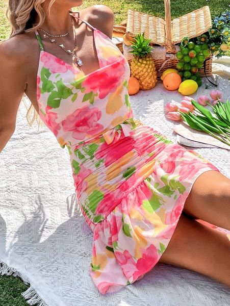 random floral print tie backless ruched ruffle hem belted halter dress s8zm#, Black;gray
random floral print tie backless ruched ruffle hem belted halter dress s8zm#, Black;gray