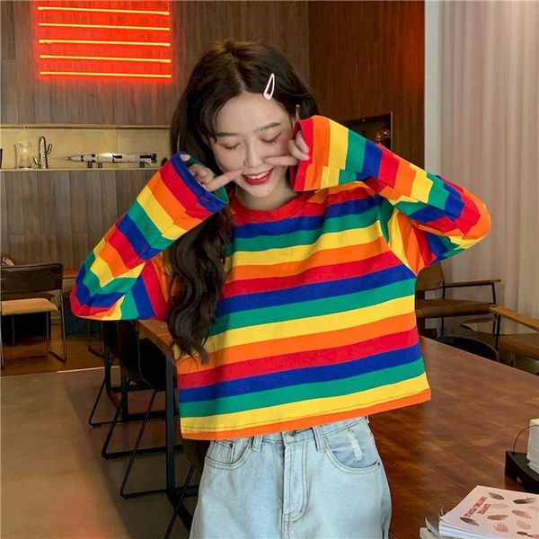 women's t-shirt 2021 spring summer rainbow striped loose korean students wild short long-sleeved clothes trend women shirts, White
women's t-shirt 2021 spring summer rainbow striped loose korean students wild short long-sleeved clothes trend women shirts, White