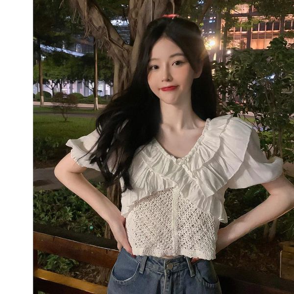 women's blouses & shirts korean fashion crop knit patchwork blouse women v-neck ruffles short puff sleeve loose solid casual summer, White
women's blouses & shirts korean fashion crop knit patchwork blouse women v-neck ruffles short puff sleeve loose solid casual summer, White