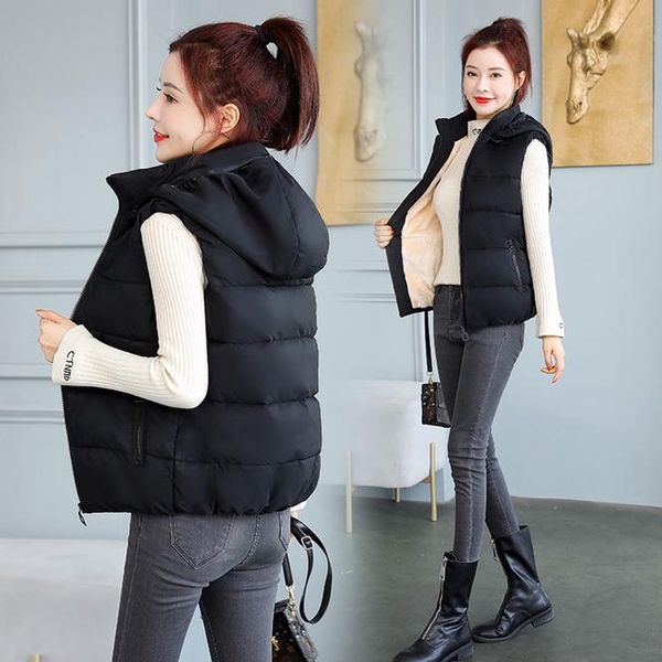 women's vests 2021 plush autumn winter down cotton vest with hat zipper girls leisure outdoor warm coat black, Black;white
women's vests 2021 plush autumn winter down cotton vest with hat zipper girls leisure outdoor warm coat black, Black;white