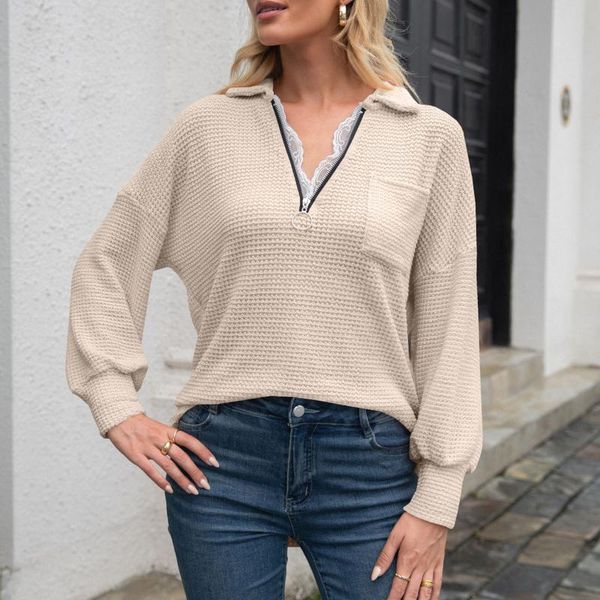 women's t-shirt elegant solid color chain lapel pullover v-neck lace stitching long sleeve tee shirt ladies casual top, White
women's t-shirt elegant solid color chain lapel pullover v-neck lace stitching long sleeve tee shirt ladies casual top, White