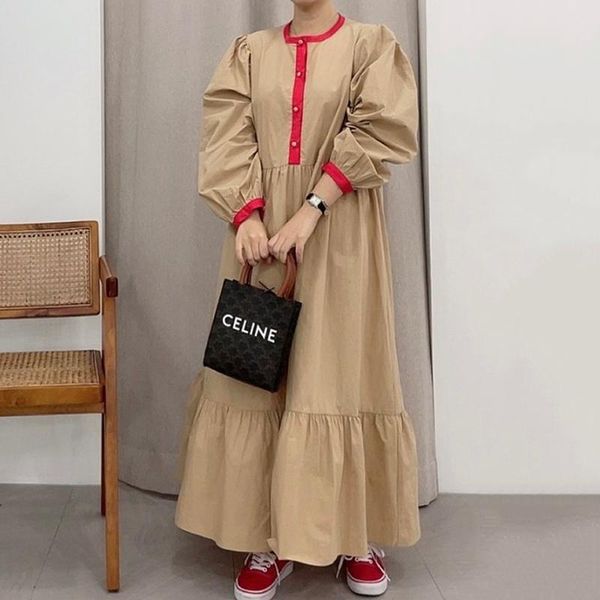 casual dresses korean early autumn french vestidos female round neck contrast stitching folds loose puff sleeve midi dress dk1195, Black;gray
casual dresses korean early autumn french vestidos female round neck contrast stitching folds loose puff sleeve midi dress dk1195, Black;gray