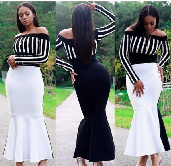 casual dresses women elegant trumpet dress off shoulder slash neck long sleeve black white patchwork bandage evening party, Black;gray
casual dresses women elegant trumpet dress off shoulder slash neck long sleeve black white patchwork bandage evening party, Black;gray
