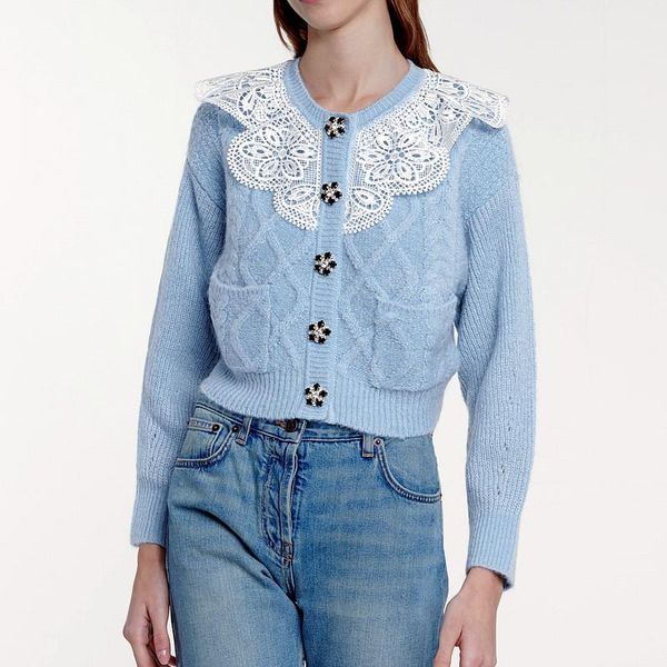 women's knits & tees 2021 style women knitted sweater light blue color lace collar drill buttons ladies cardigan long sleeve, White
women's knits & tees 2021 style women knitted sweater light blue color lace collar drill buttons ladies cardigan long sleeve, White