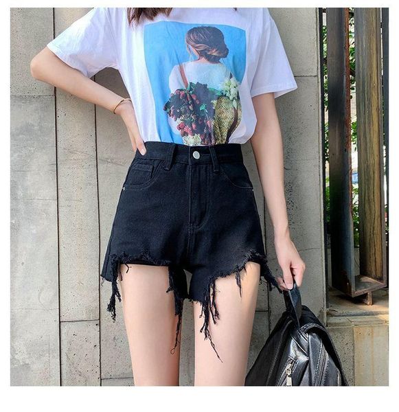 women's shorts 2021 casual summer denim broken edge short jeans high waist hair lining trousers plus size, White;black
women's shorts 2021 casual summer denim broken edge short jeans high waist hair lining trousers plus size, White;black