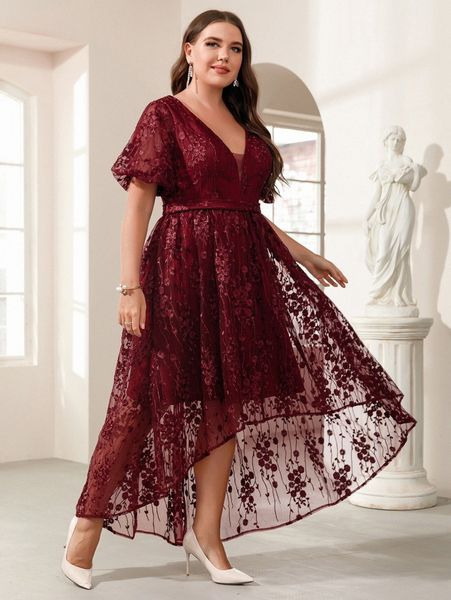 plus mesh insert lantern sleeve high low hem lace prom dress x6dw#, Black
plus mesh insert lantern sleeve high low hem lace prom dress x6dw#, Black