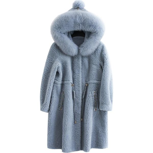 women's fur & faux real 2021 winter jacket sheep shearling korean jackets for women collar 100% wool coat my3871, Black