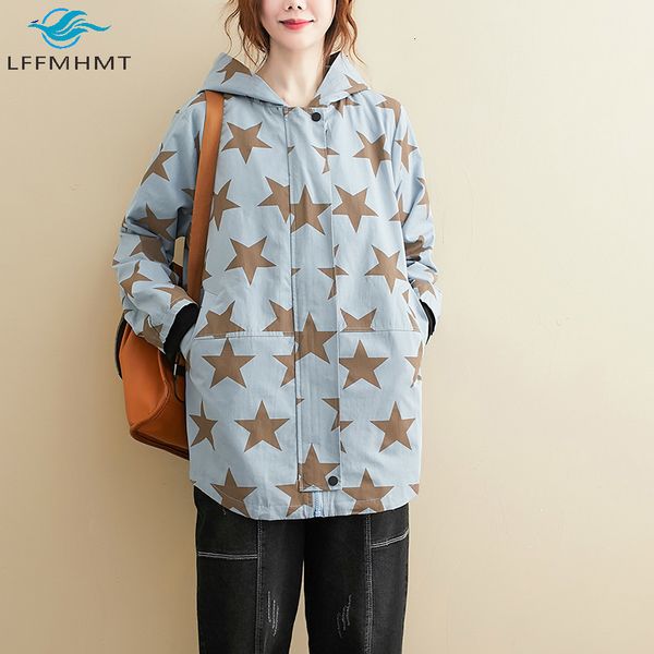 

2021 new women winter fall large size casual korean style short trench coat office lady stars print oversized hooded jacket 8a9q, Tan;black