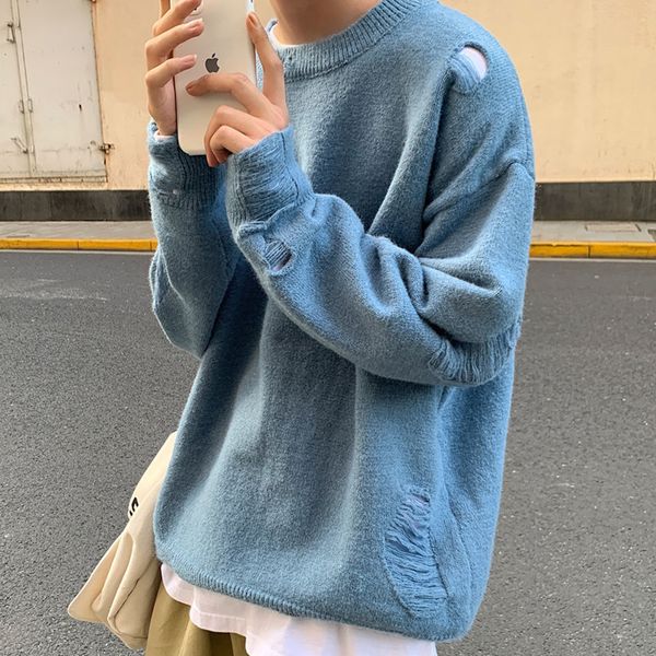 2021 new winter ripped sweater men's warm fashion solid color casual knit pullover men wild loose korean knitting sweaters mens clothes, White;black
2021 new winter ripped sweater men's warm fashion solid color casual knit pullover men wild loose korean knitting sweaters mens clothes, White;black