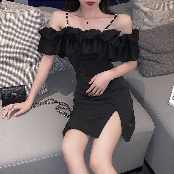 2021 new summer pearl sling one line shoulder lotus leaf skirt short sleeve split buttock dress, Black
2021 new summer pearl sling one line shoulder lotus leaf skirt short sleeve split buttock dress, Black