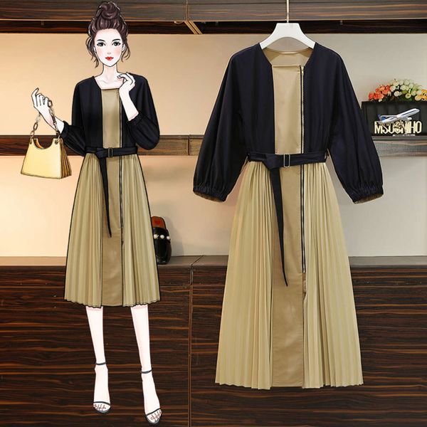 big size women's dress early spring 2021 fat sister new french hepburn style, Black;gray