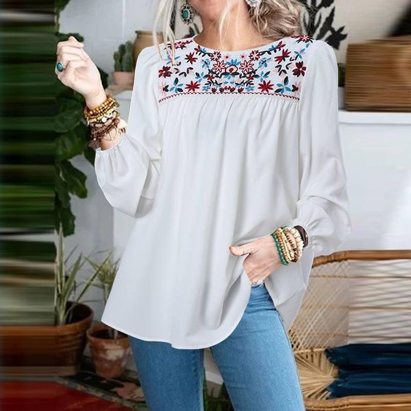 women's blouses & shirts elegant floral embroidery blouse stylish women spring shirt casual o neck long sleeve tunic female over, White
women's blouses & shirts elegant floral embroidery blouse stylish women spring shirt casual o neck long sleeve tunic female over, White
