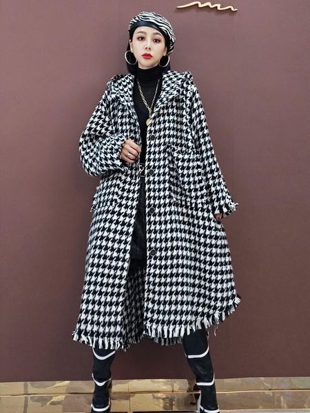 women's wool & blends winter mid-length woolen houndstooth jacket korean fashion hooded thick coat temperament oversized clothing, Black
women's wool & blends winter mid-length woolen houndstooth jacket korean fashion hooded thick coat temperament oversized clothing, Black