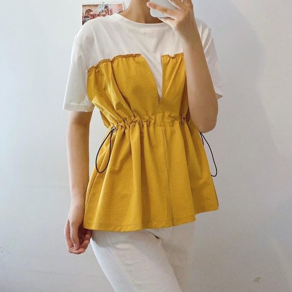 women's t-shirt draw string t shirts women fashion patchwork tshirts loose short sleeve, White
women's t-shirt draw string t shirts women fashion patchwork tshirts loose short sleeve, White