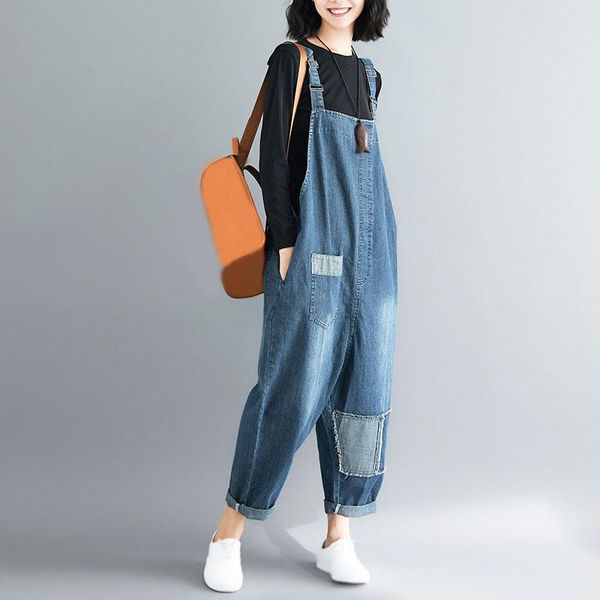 women's jumpsuits & rompers 2021 big size women jeans loose female denim patchwork vintage sleeveless long romper, Black;white 
women's jumpsuits & rompers 2021 big size women jeans loose female denim patchwork vintage sleeveless long romper, Black;white