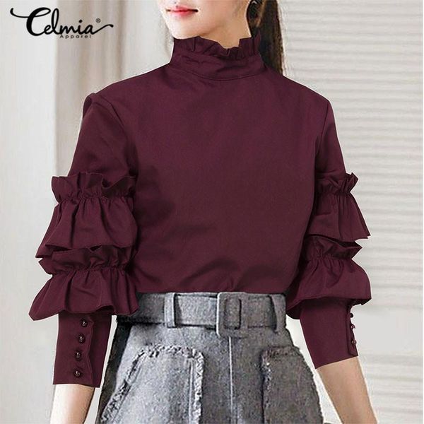 women and blouses 2021 celmia long lantern sleeve elegant shirts casual high collar ruffled blusas tunic plus size 5xl, White
women and blouses 2021 celmia long lantern sleeve elegant shirts casual high collar ruffled blusas tunic plus size 5xl, White